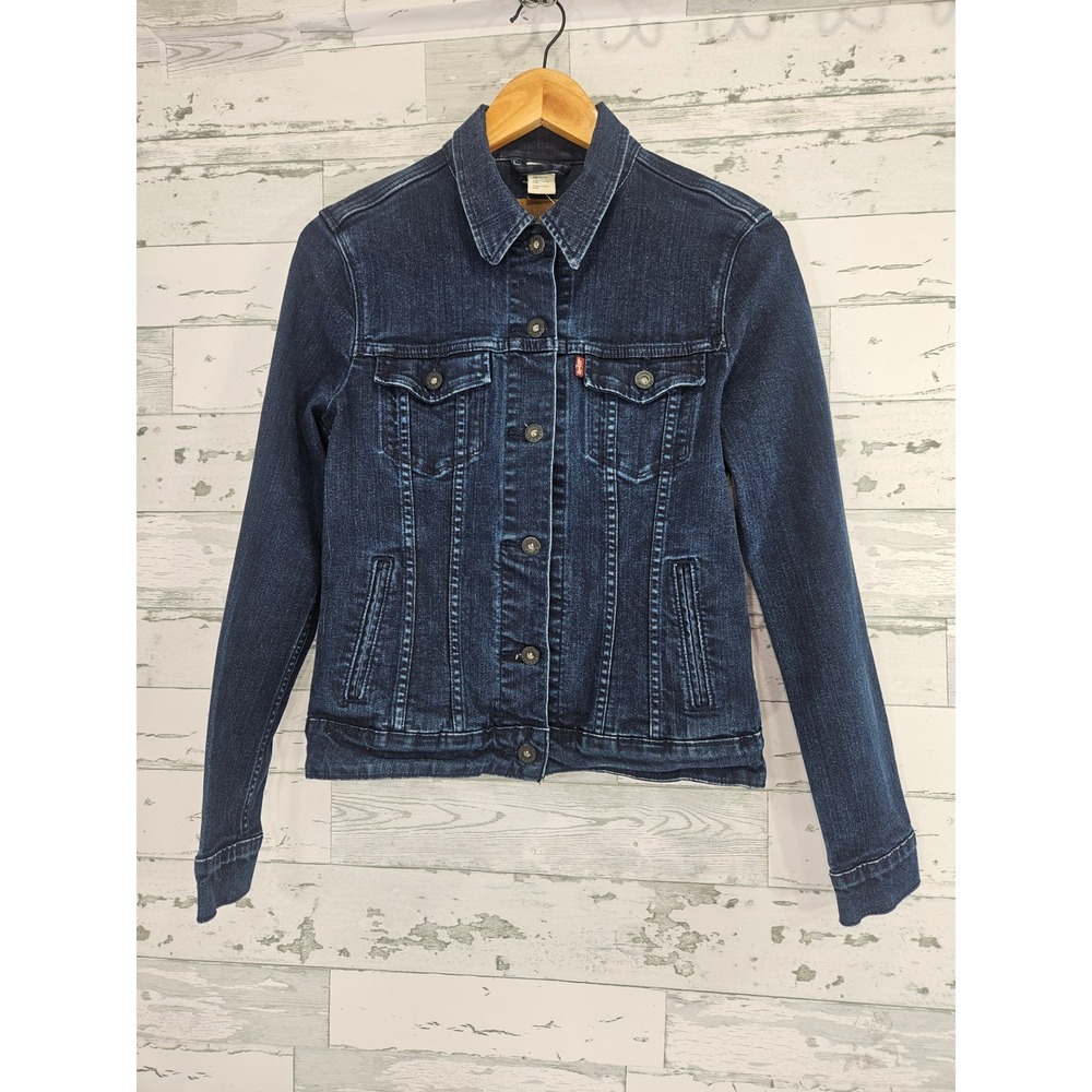 Levis Womens Denim Trucker Jacket Dark Indigo Blue Stretch Size M
